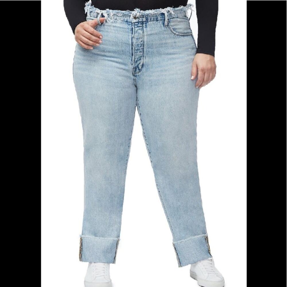 Good American Good Boy Cuffed Jeans Distressed Light Wash Size 20 NEW